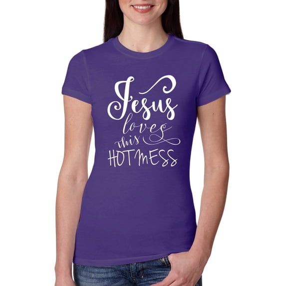 Wild Bobby, Funny Christian Quote Jesus Loves This Hot Mess, Inspirational/Christian, Women Slim Fit Junior Tee, Purple Rush, 2XL