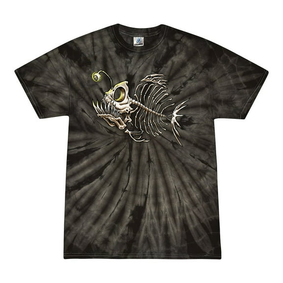 Wild Bobby, Funny Fishbone Skeleton Angler Fish, Animal Lover, Tie-Dye Tees, Spiral Black, Large