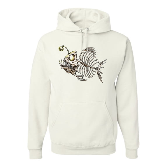 Wild Bobby, Funny Fishbone Skeleton Angler Fish, Animal Lover, Unisex Graphic Hoodie Sweatshirt, White, 2XL