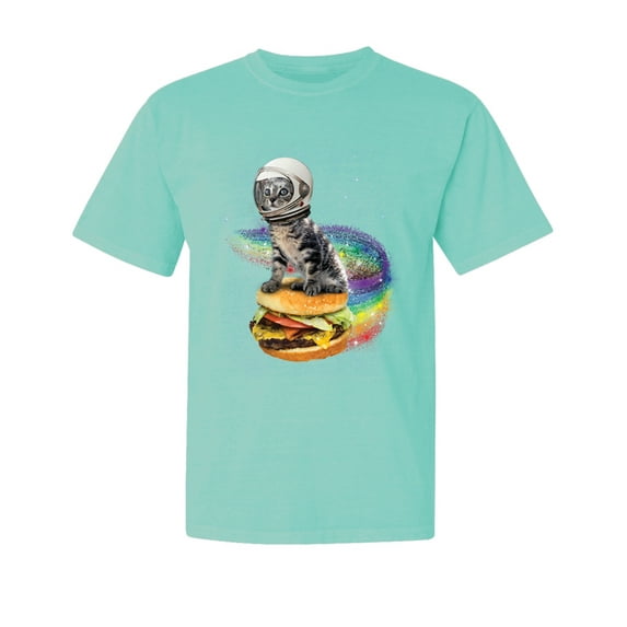Wild Bobby, Funny Graphic Astronaut Cat in Space on Cheeseburger, Animal Lover, Garment-Dyed Washed Look Short Sleeve T-Shirt, Mint, Medium