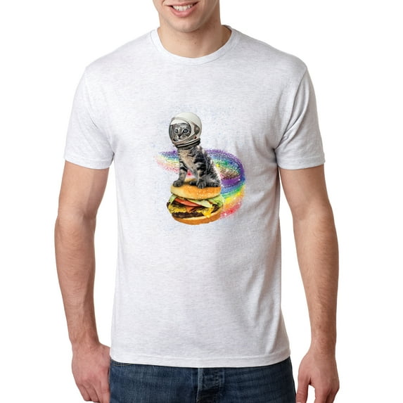 Wild Bobby, Funny Graphic Astronaut Cat in Space on Cheeseburger | Mens Cat Lover Premium Tri Blend T-Shirt, Heather White, Small