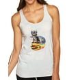 thumbnail image 1 of Wild Bobby, Funny Graphic Astronaut Cat in Space on Cheeseburger | Womens Cat Lover Premium Tri-Blend Racerback Tank Top, Heather White, Small, 1 of 3