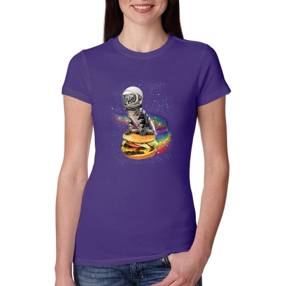 Funny Graphic Astronaut Cat in Space on Cheeseburger | Womens Cat Lover Slim Fit Junior Tee, Purple Rush, Small