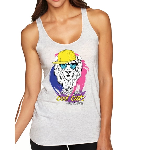 Wild Bobby, Funny Lion Tiger King Hey All You Cool Cats and Kittens | Womens Animal Lover Premium Tri-Blend Racerback Tank Top, Heather White, Small