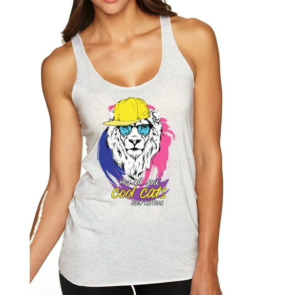 Wild Bobby, Funny Lion Tiger King Hey All You Cool Cats and Kittens | Womens Animal Lover Premium Tri-Blend Racerback Tank Top, Heather White, Small