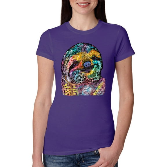 Wild Bobby, Funny Neon Sloth | Dean Russo Art Animal Lover Womens Slim Fit Junior Tee, Purple Rush, XL