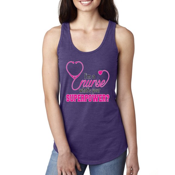 Wild Bobby, Funny Nurse Whats Your Superpower Nurse Week, Inspirational/Christian, Women Racerback Tank Top, Purple Rush, Medium