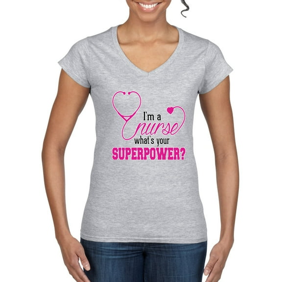 Wild Bobby, Funny Nurse Whats Your Superpower Nurse Week, Inspirational/Christian, Women Standard V-Neck Tee, Heather Grey, Small
