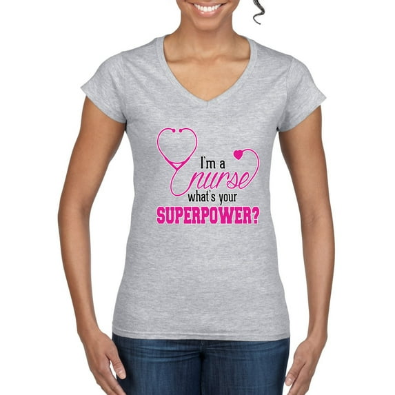 Wild Bobby, Funny Nurse Whats Your Superpower Nurse Week, Inspirational/Christian, Women Standard V-Neck Tee, Heather Grey, XX-Large