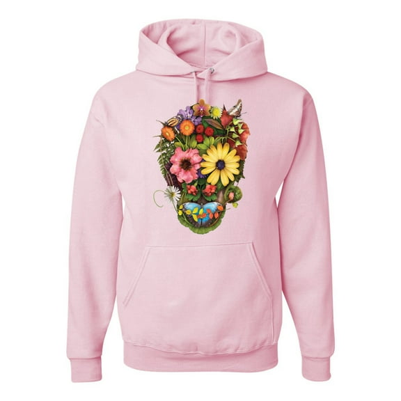 Wild Bobby, Funny Sun Flower Grass Nature Skull Fashion Graphic Hoodie Sweatshirt, Light Pink, Medium