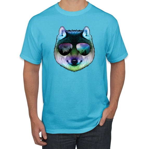 Wild Bobby, Funny Wolf on Sunglasses, Animal Lover, Men Graphic Tees, Light Turquoise, 4XL