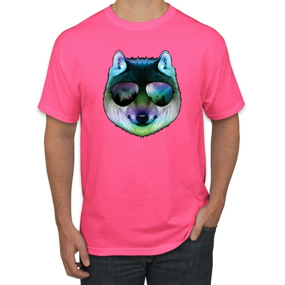 Wild Bobby, Funny Wolf on Sunglasses, Animal Lover, Men Graphic Tees, Neon Pink, Medium