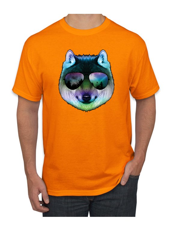 , Funny Wolf on Sunglasses, Animal Lover, Men Graphic Tees, Orange, X-Large