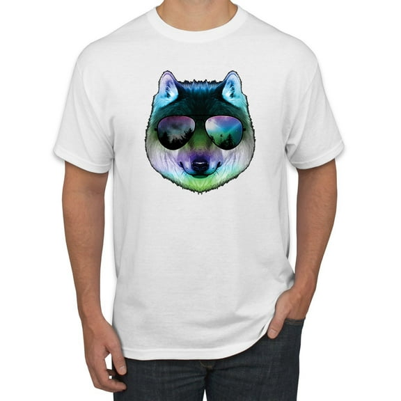 Wild Bobby, Funny Wolf on Sunglasses, Animal Lover, Men Graphic Tees, White, Small