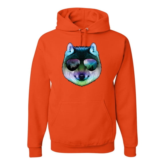 Wild Bobby, Funny Wolf on Sunglasses, Animal Lover, Unisex Graphic Hoodie Sweatshirt, Orange, X-Large