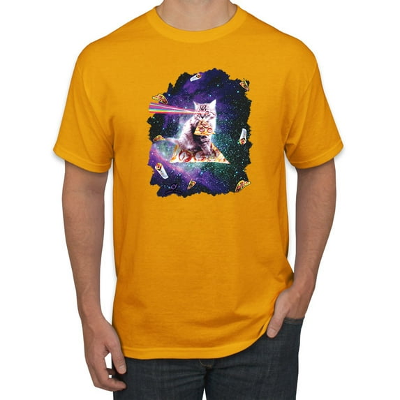 Wild Bobby, Galactic Pizza Space Cat Laser Eyes, Animal Lover, Men Graphic Tees, Gold, 4XL