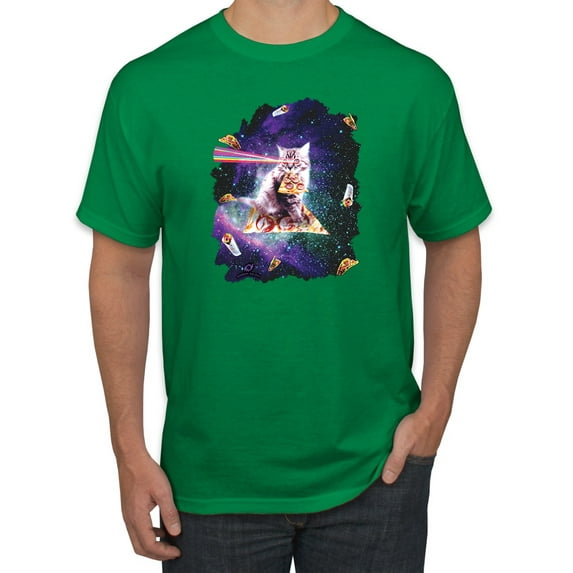 Wild Bobby, Galactic Pizza Space Cat Laser Eyes, Animal Lover, Men Graphic Tees, Kelly, 4XL