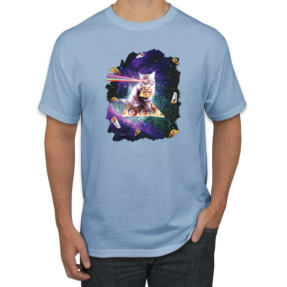 Wild Bobby, Galactic Pizza Space Cat Laser Eyes, Animal Lover, Men Graphic Tees, Light Blue, Large