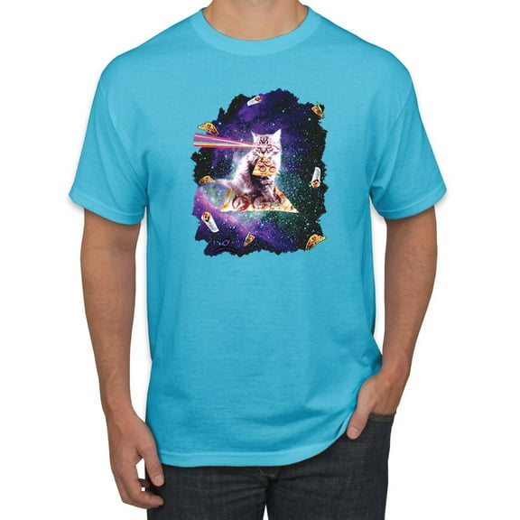 Wild Bobby, Galactic Pizza Space Cat Laser Eyes, Animal Lover, Men Graphic Tees, Light Turquoise, Medium
