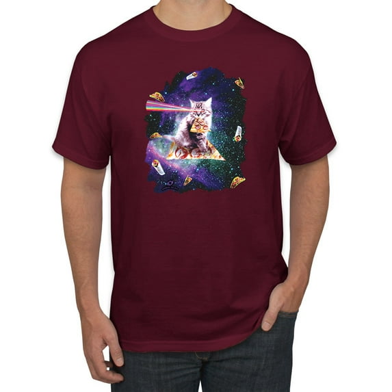 Wild Bobby, Galactic Pizza Space Cat Laser Eyes, Animal Lover, Men Graphic Tees, Maroon, 5XL
