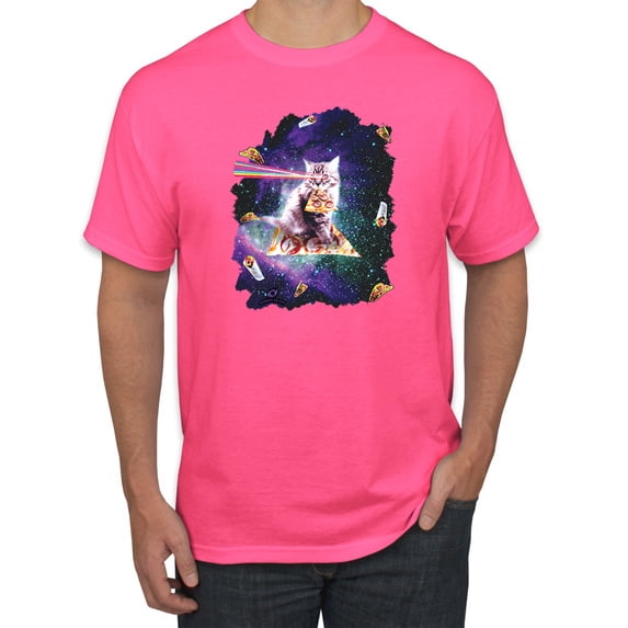 Wild Bobby, Galactic Pizza Space Cat Laser Eyes, Animal Lover, Men Graphic Tees, Neon Pink, Medium