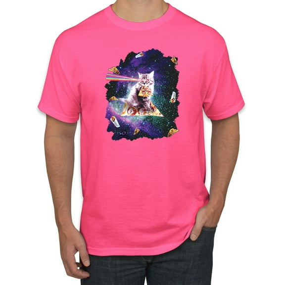 Wild Bobby, Galactic Pizza Space Cat Laser Eyes, Animal Lover, Men Graphic Tees, Neon Pink, Small