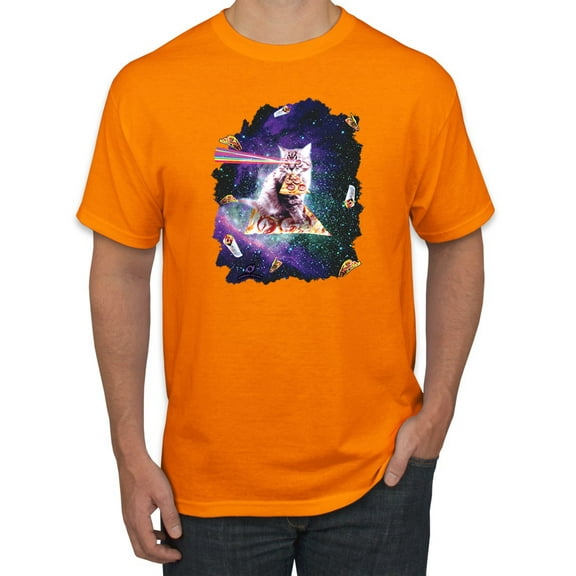 Wild Bobby, Galactic Pizza Space Cat Laser Eyes, Animal Lover, Men Graphic Tees, Orange, X-Large