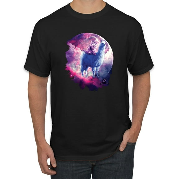 Wild Bobby, Galactic Space Cat Riding a Llama, Animal Lover, Men Graphic Tees, Black, Medium