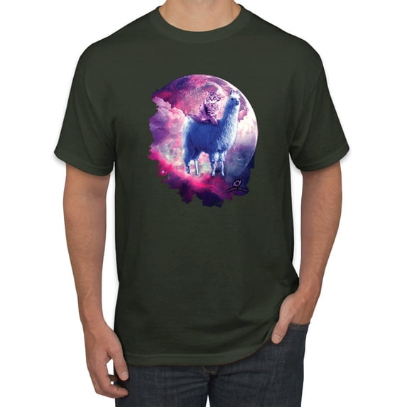 Wild Bobby, Galactic Space Cat Riding a Llama, Animal Lover, Men Graphic Tees, Forest Green, 5XL