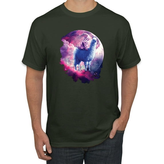 Wild Bobby, Galactic Space Cat Riding a Llama, Animal Lover, Men Graphic Tees, Forest Green, Medium