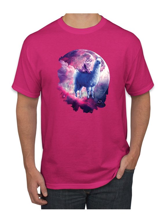 , Galactic Space Cat Riding a Llama, Animal Lover, Men Graphic Tees, Fuschia, 3XL