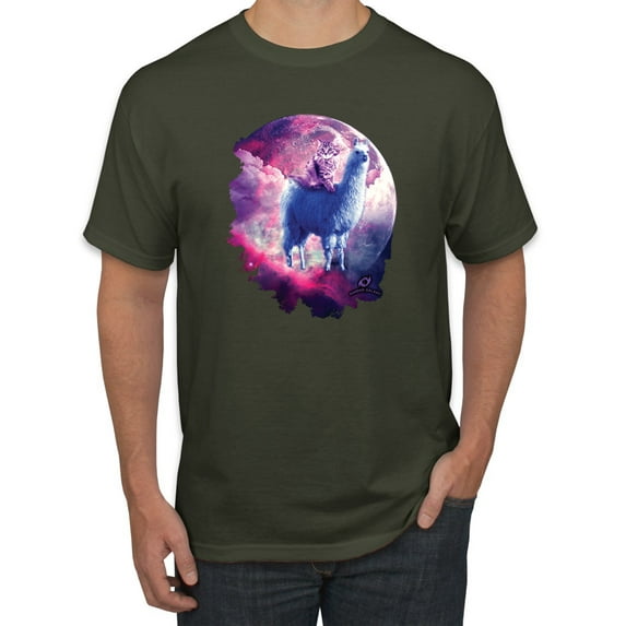 Wild Bobby, Galactic Space Cat Riding a Llama, Animal Lover, Men Graphic Tees, Military Green, Medium