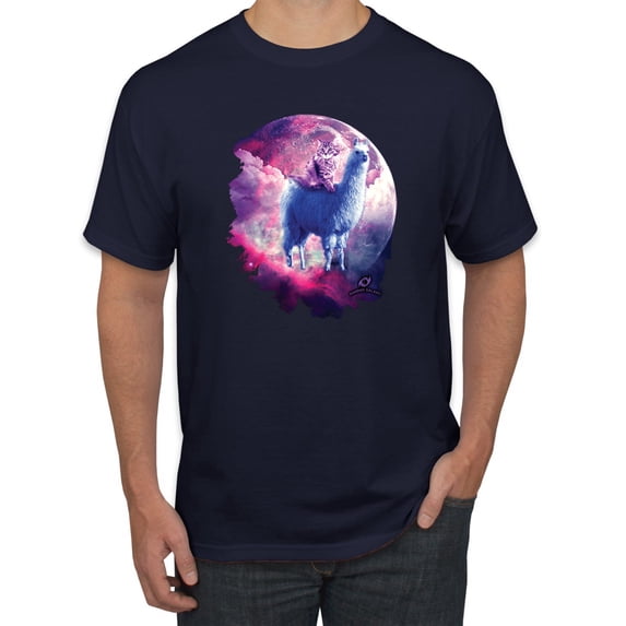 Wild Bobby, Galactic Space Cat Riding a Llama, Animal Lover, Men Graphic Tees, Navy, 4XL