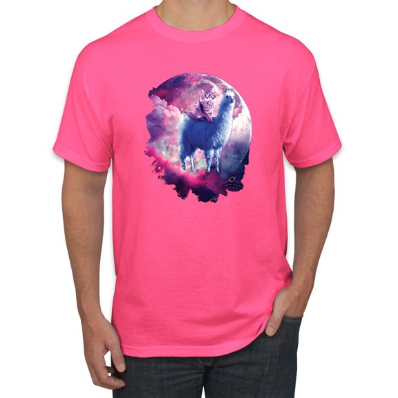 Wild Bobby, Galactic Space Cat Riding a Llama, Animal Lover, Men Graphic Tees, Neon Pink, Medium