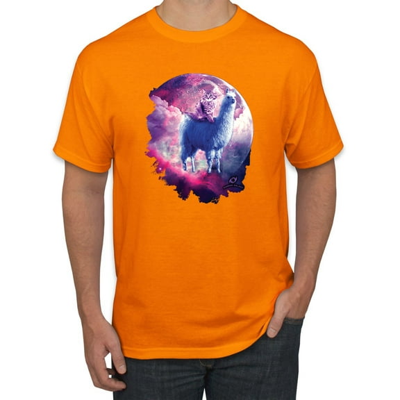 Wild Bobby, Galactic Space Cat Riding a Llama, Animal Lover, Men Graphic Tees, Orange, Small