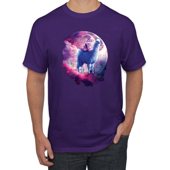 Wild Bobby, Galactic Space Cat Riding a Llama, Animal Lover, Men Graphic Tees, Purple, Small