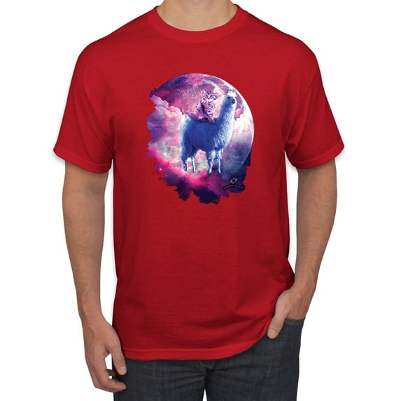 Wild Bobby, Galactic Space Cat Riding a Llama, Animal Lover, Men Graphic Tees, Red, 3XL