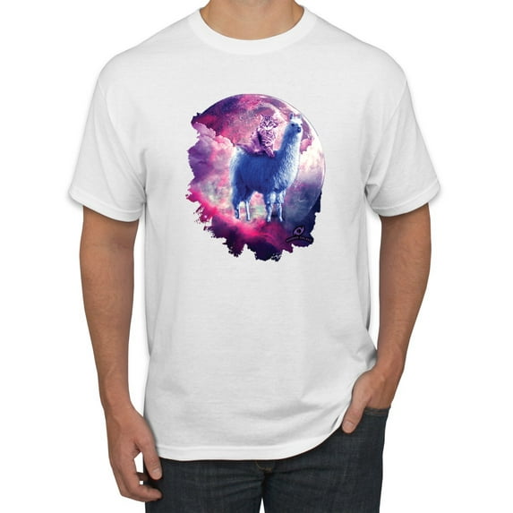 Wild Bobby, Galactic Space Cat Riding a Llama, Animal Lover, Men Graphic Tees, White, X-Large