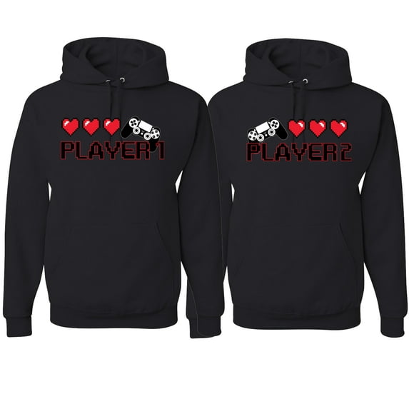 Wild Bobby, Gamer Player 1 Player 2 His and Hers Matching Couples Hoodies, Black, Mens L-Womens S