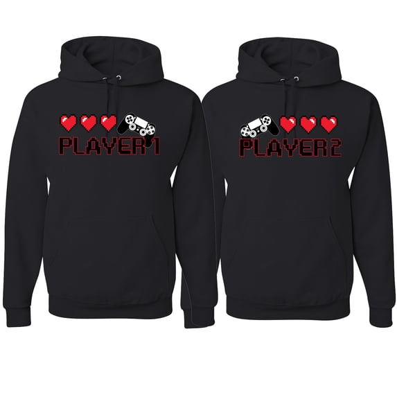 Wild Bobby, Gamer Player 1 Player 2 His and Hers Matching Couples Hoodies, Black, Mens XL-Womens 3XL