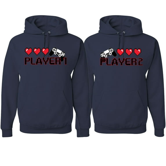 Wild Bobby, Gamer Player 1 Player 2 His and Hers Matching Couples Hoodies, Navy, Mens S-Womens 2XL