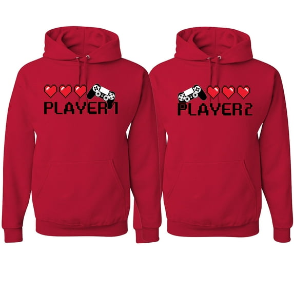 Wild Bobby, Gamer Player 1 Player 2 His and Hers Matching Couples Hoodies, Red, Mens 2XL-Womens 2XL
