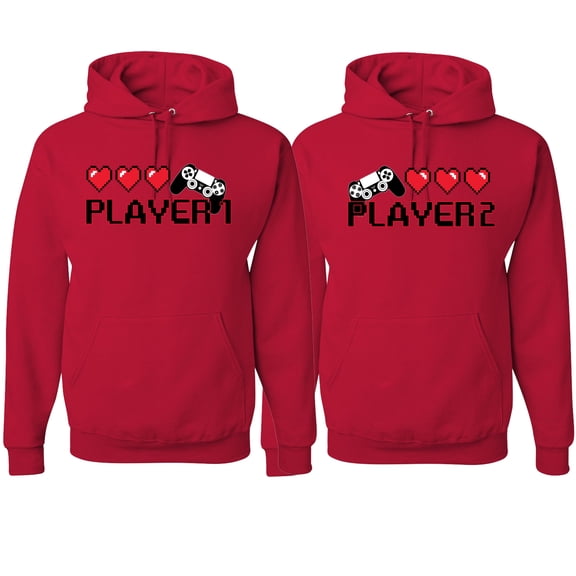 Wild Bobby, Gamer Player 1 Player 2 His and Hers Matching Couples Hoodies, Red, Mens XL-Womens XL
