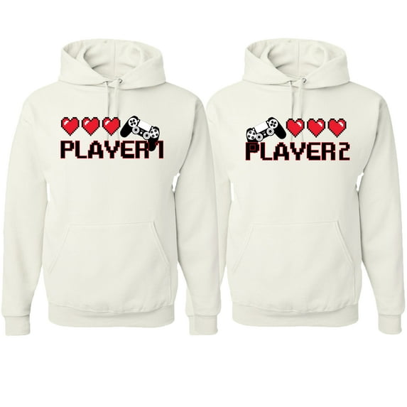 Wild Bobby, Gamer Player 1 Player 2 His and Hers Matching Couples Hoodies, White, Mens XL-Womens L