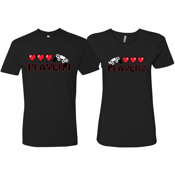 Wild Bobby, Gamer Player 1 Player 2 His and Hers Matching Couples T shirts, Black, Mens M-Womens 2XL