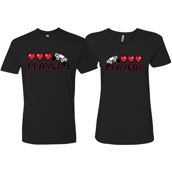Wild Bobby, Gamer Player 1 Player 2 His and Hers Matching Couples T shirts, Black, Mens M-Womens 3XL