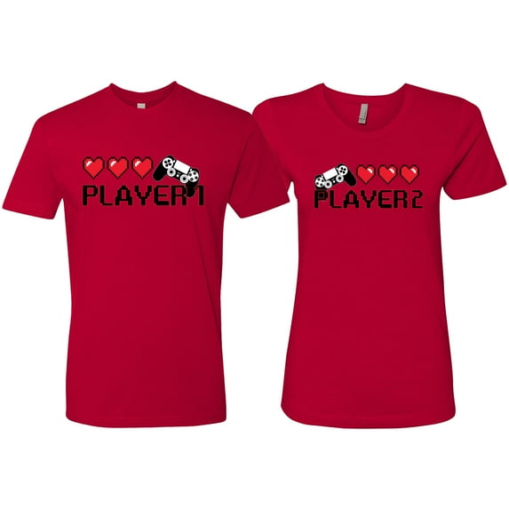 Wild Bobby, Gamer Player 1 Player 2 His and Hers Matching Couples T shirts, Red, Mens S-Womens L