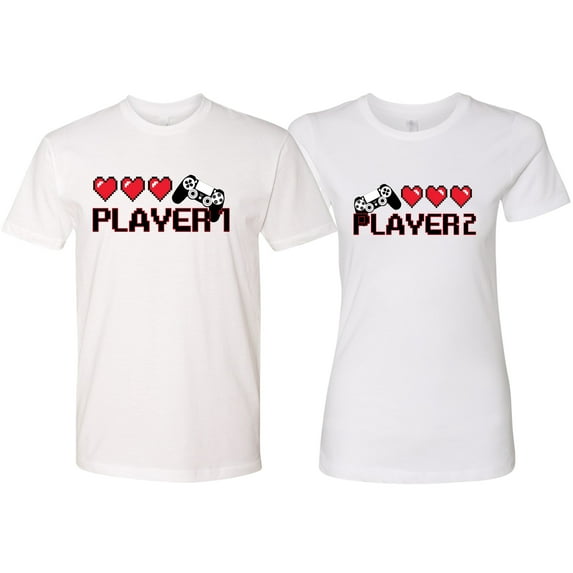 Wild Bobby, Gamer Player 1 Player 2 His and Hers Matching Couples T shirts, White, Mens 2XL-Womens M