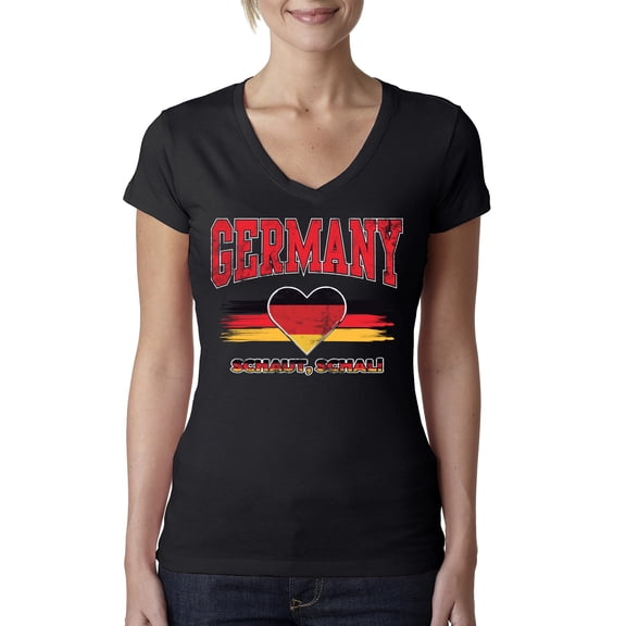 Wild Bobby Germany Flag Heart Schaut Schal Graphic | Women's Novelty T-Shirt | Soccer Football Fan Game Day Gift for Her Women Junior Fit V-Neck Tee
