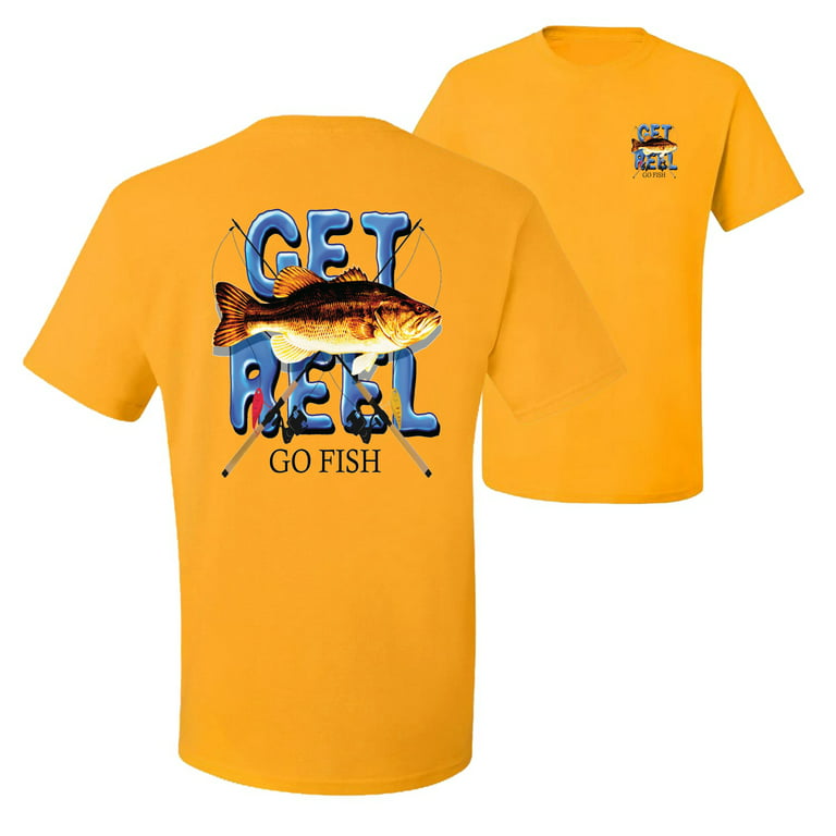 Wild Bobby,Get Reel Go Fish Fishing Front and Back Men's Graphic T-Shirt,  Gold, 2XL